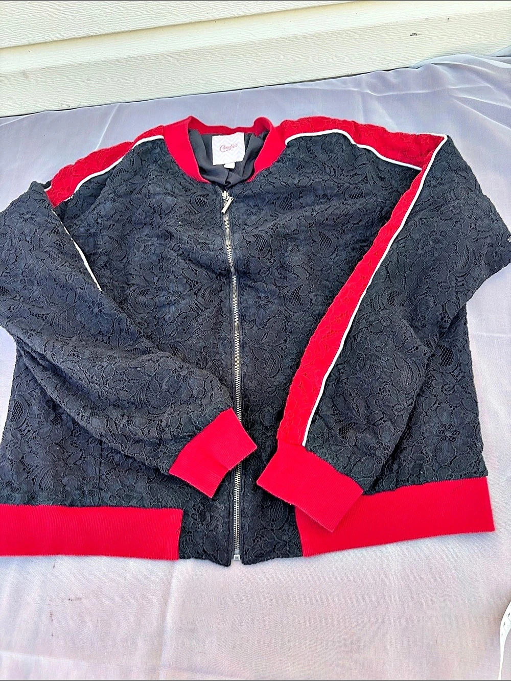 Candie'Small Black Lace Bomber Jacket with Red Trim Size Small